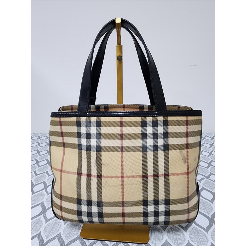 Burberry Beige Plaid small handbag with Black Leather Trim